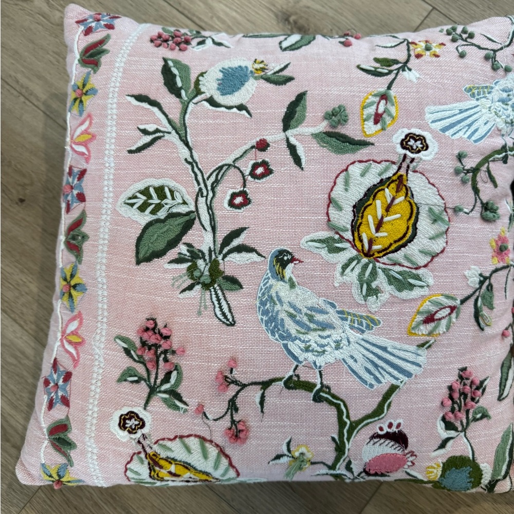 18” Crewel Embroidered Decorative Two Pillow Pink With Birds Floral Pomegranate - Picture 2 of 6